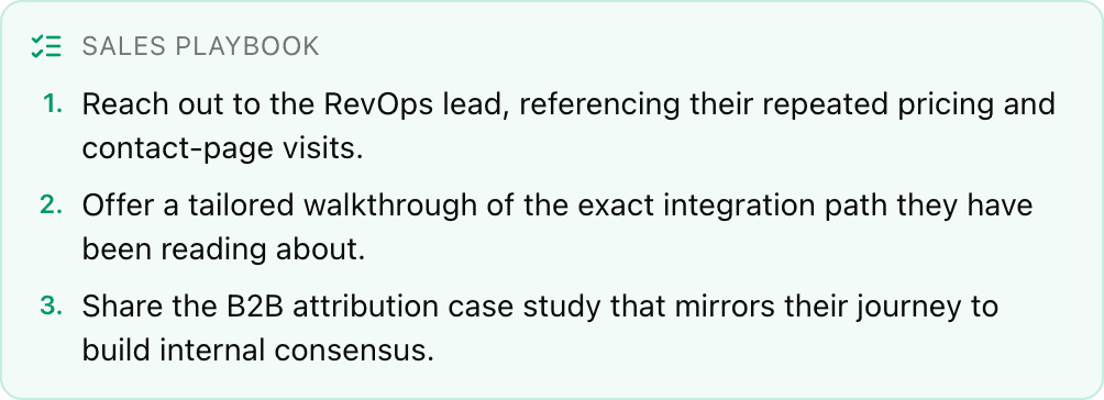 Backstory sales playbook for an account: three specific, journey-based outreach next steps